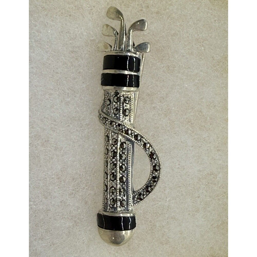 Sterling Silver Marcasite And Black Enamel Golf Bag Brooch Rare Signed 925 KE
